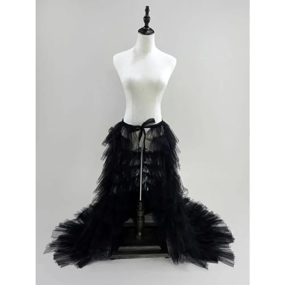 🖤 NEW Goth Tier Layered Tulle Mesh Petticoat Train Wrap Hi-Lo Black Open Skirt